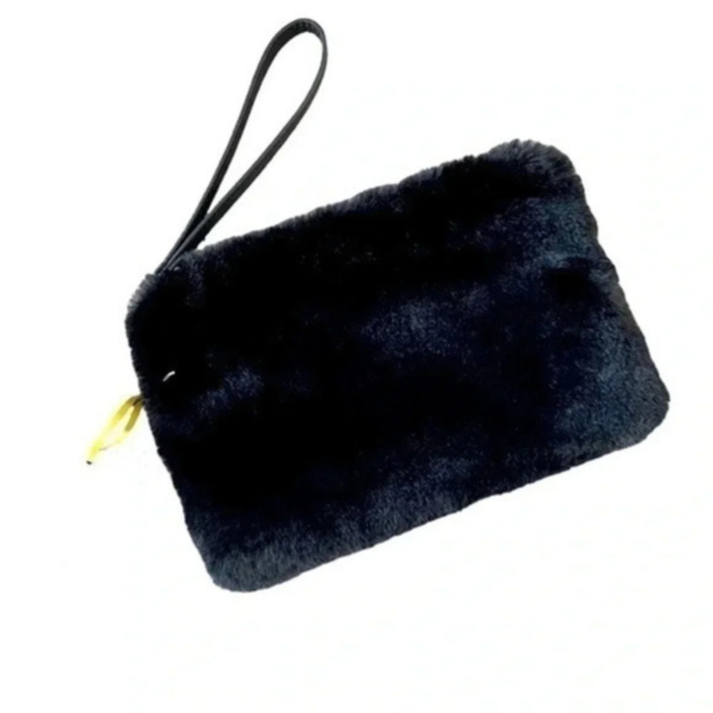 House of Harlow 1960 soft faux fur wristlet pouch bag with zipper black NWT
